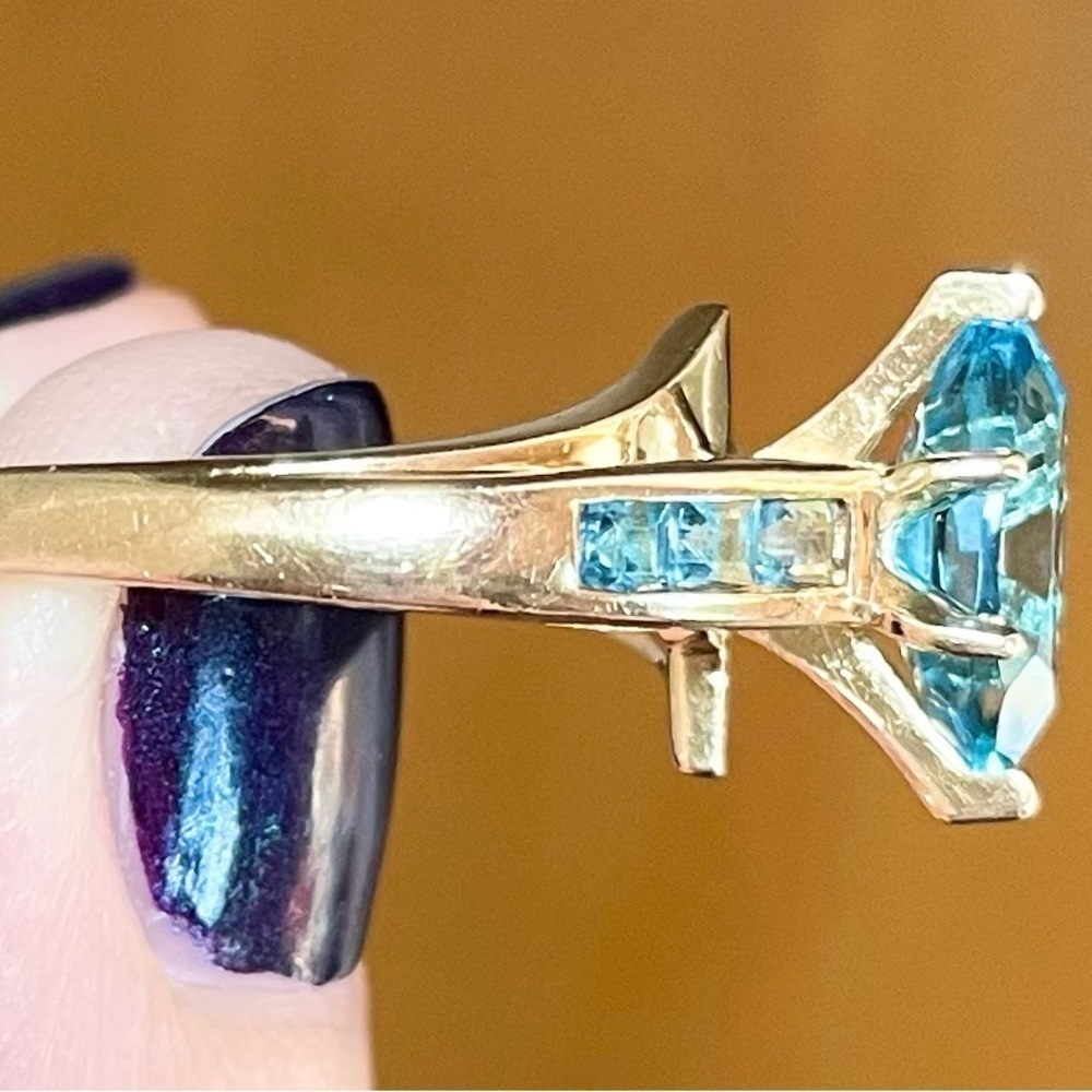 Vintage 1.35 swiss blue topaz marquis large baguette 14k solid yellow gold ring  - Picture 5 of 10